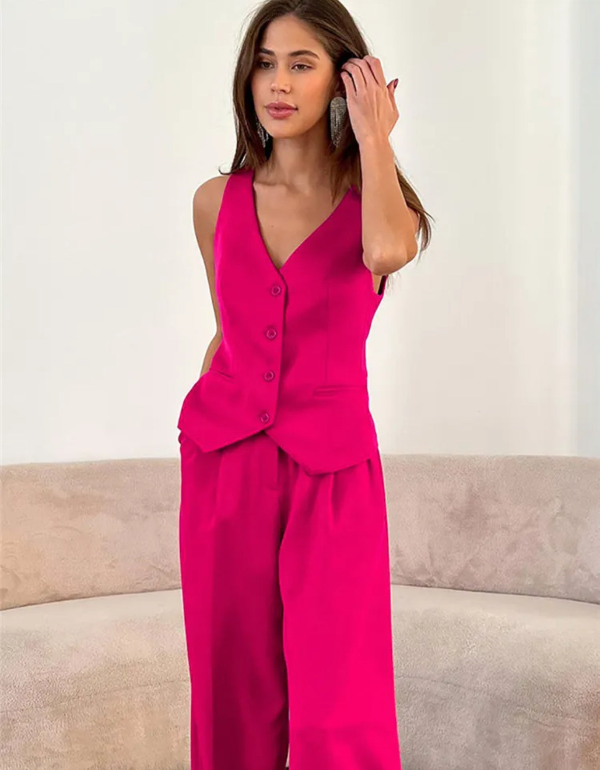 Elegant V-neck vest, sleeveless fashion set, wholesale, casual long pants with buttons, high waist suit