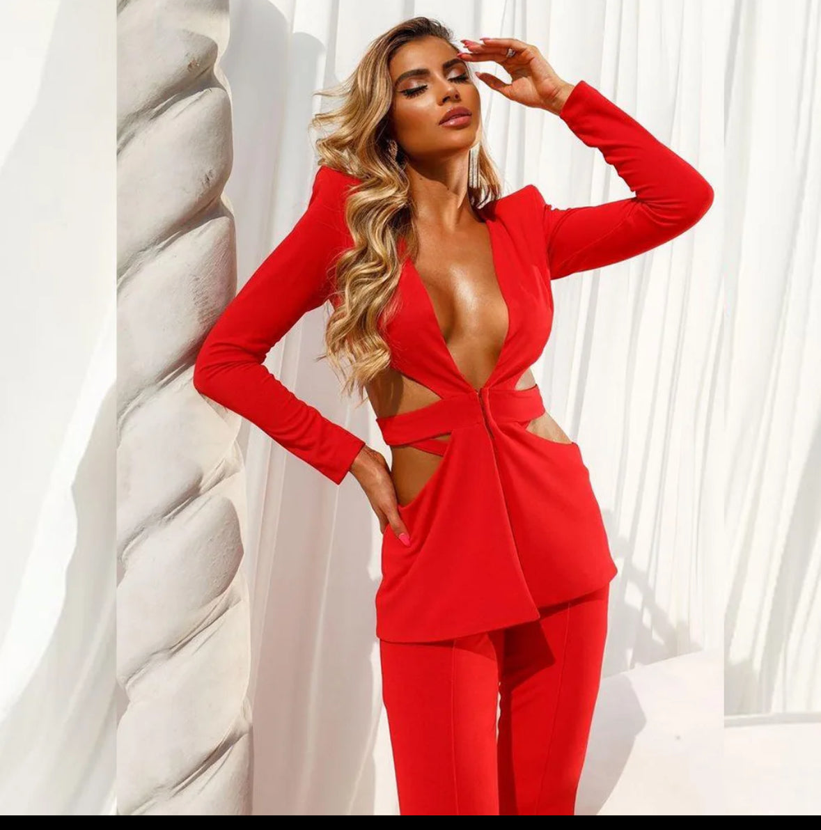 Midriff Training Clothing V Sexy Collar Long Suit Hollow Coat Wide Leg Pants Two-piece Set Women