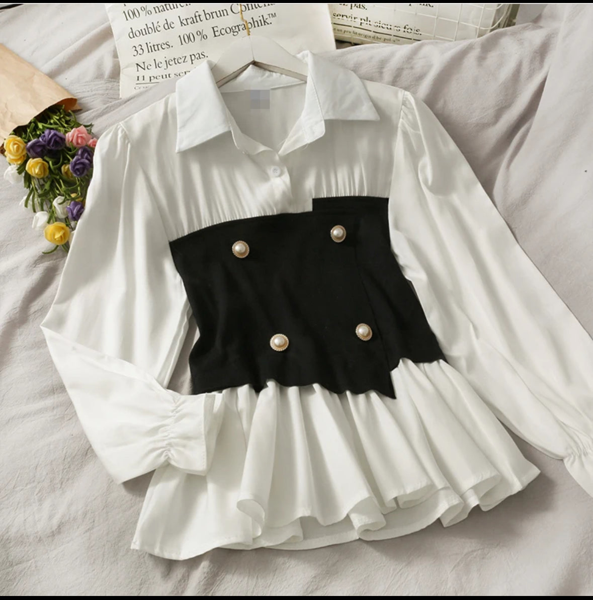 Women's double-button waist shirt, Long-sleeved fitted shirt with buttons, contrast splicing