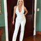 New fashion women's Halter Bodysuit Deep V-neck Sliver Streak bandage jumpsuit with belt
