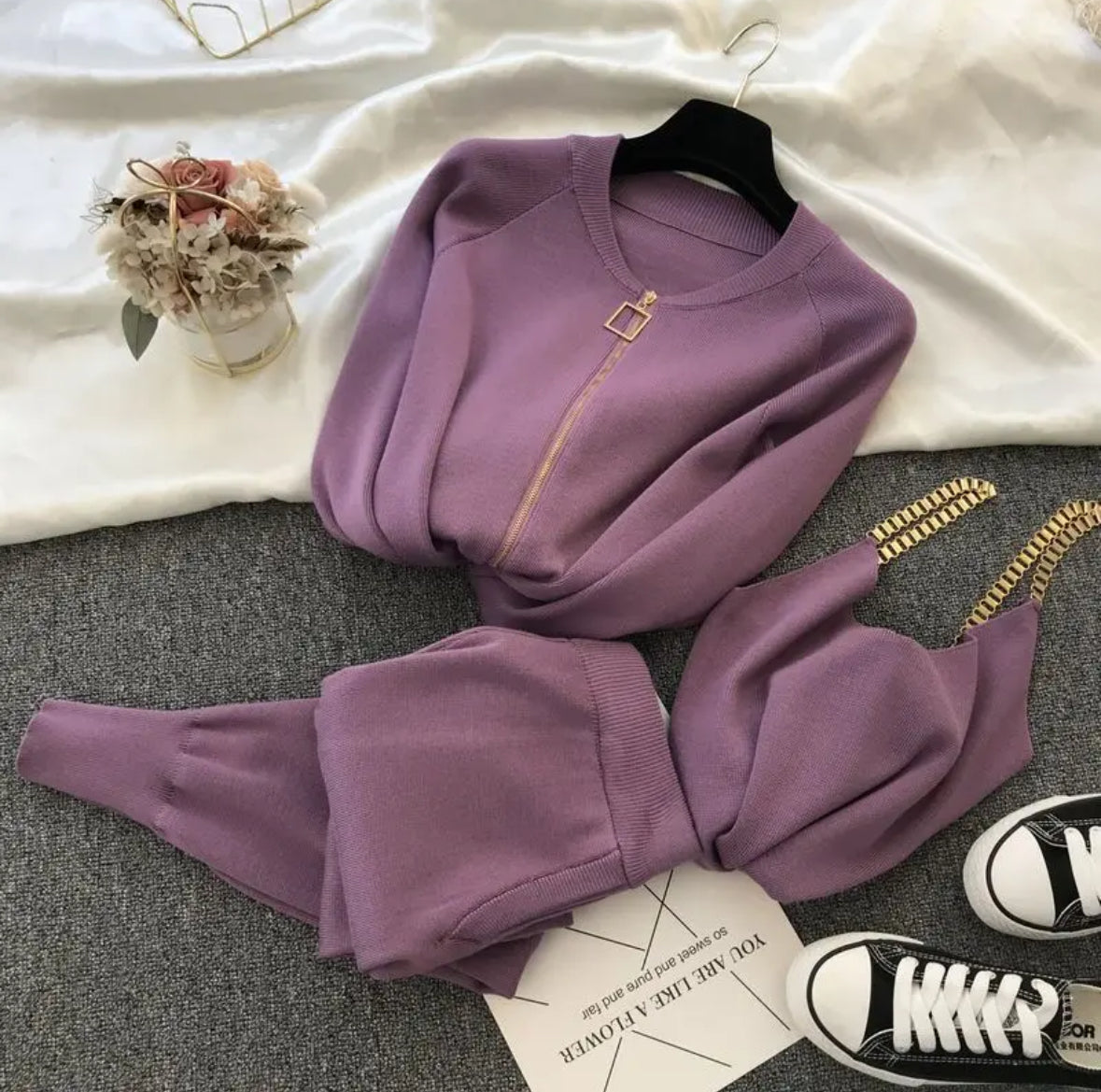 Fashion 3 pieces women's sweater solid color suits three-piece set tracksuits casual set clothes