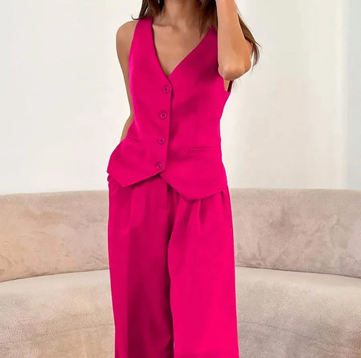 Elegant V-neck vest, sleeveless fashion set, wholesale, casual long pants with buttons, high waist suit