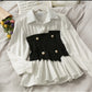 Women's double-button waist shirt,  Long-sleeved fitted shirt with buttons, contrast splicing