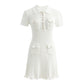 Spring Retro Elegant Women's Lapel Short Sleeve Fabric Sequins Tight Dress Ruffle  Solid design