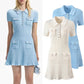 Spring Retro Elegant Women's Lapel Short Sleeve Fabric Sequins Tight Dress Ruffle  Solid design