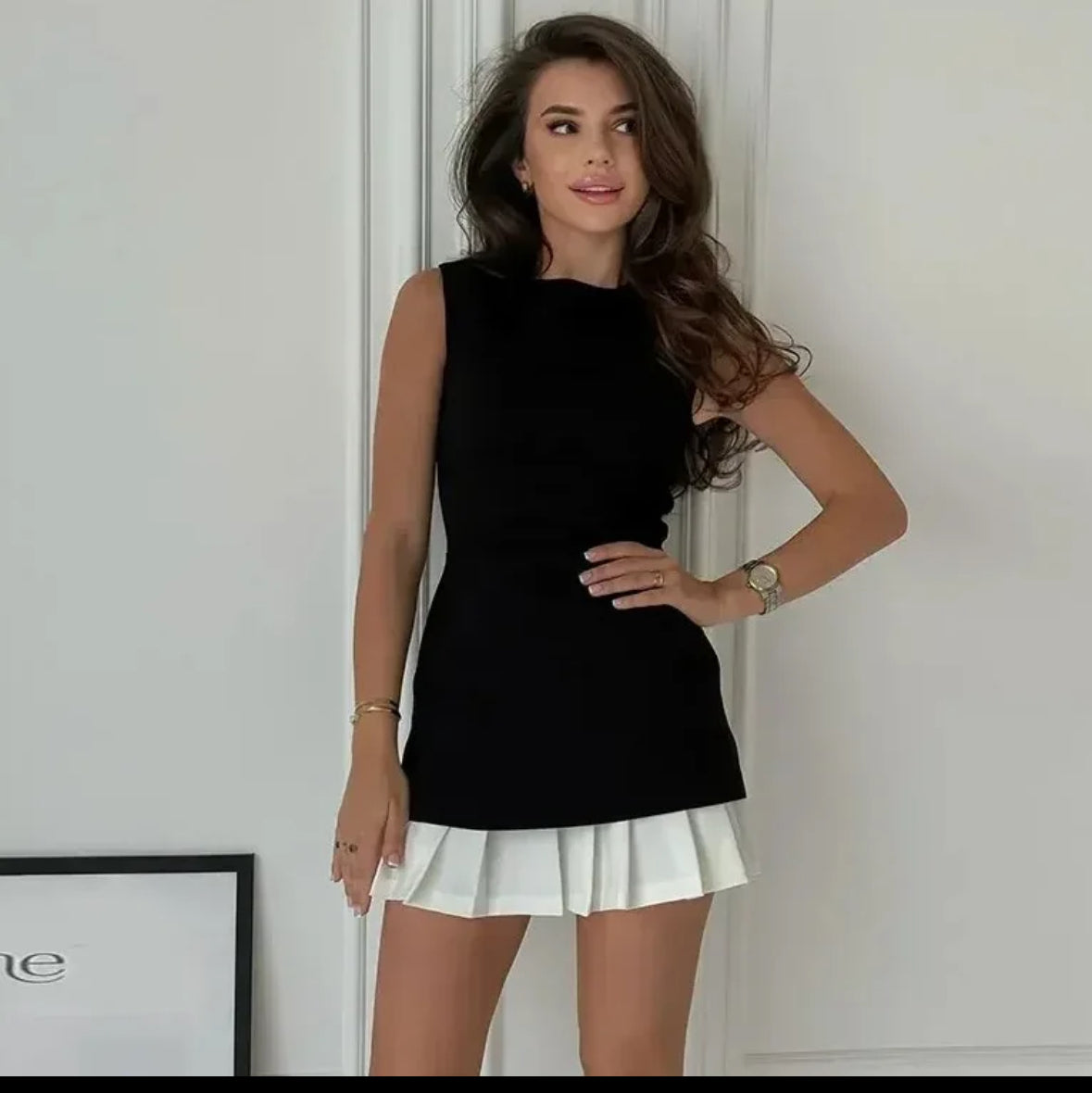Women's 2024 summer 2-piece set, sleeveless mini dress with round neck, pleated skirt, two-piece set