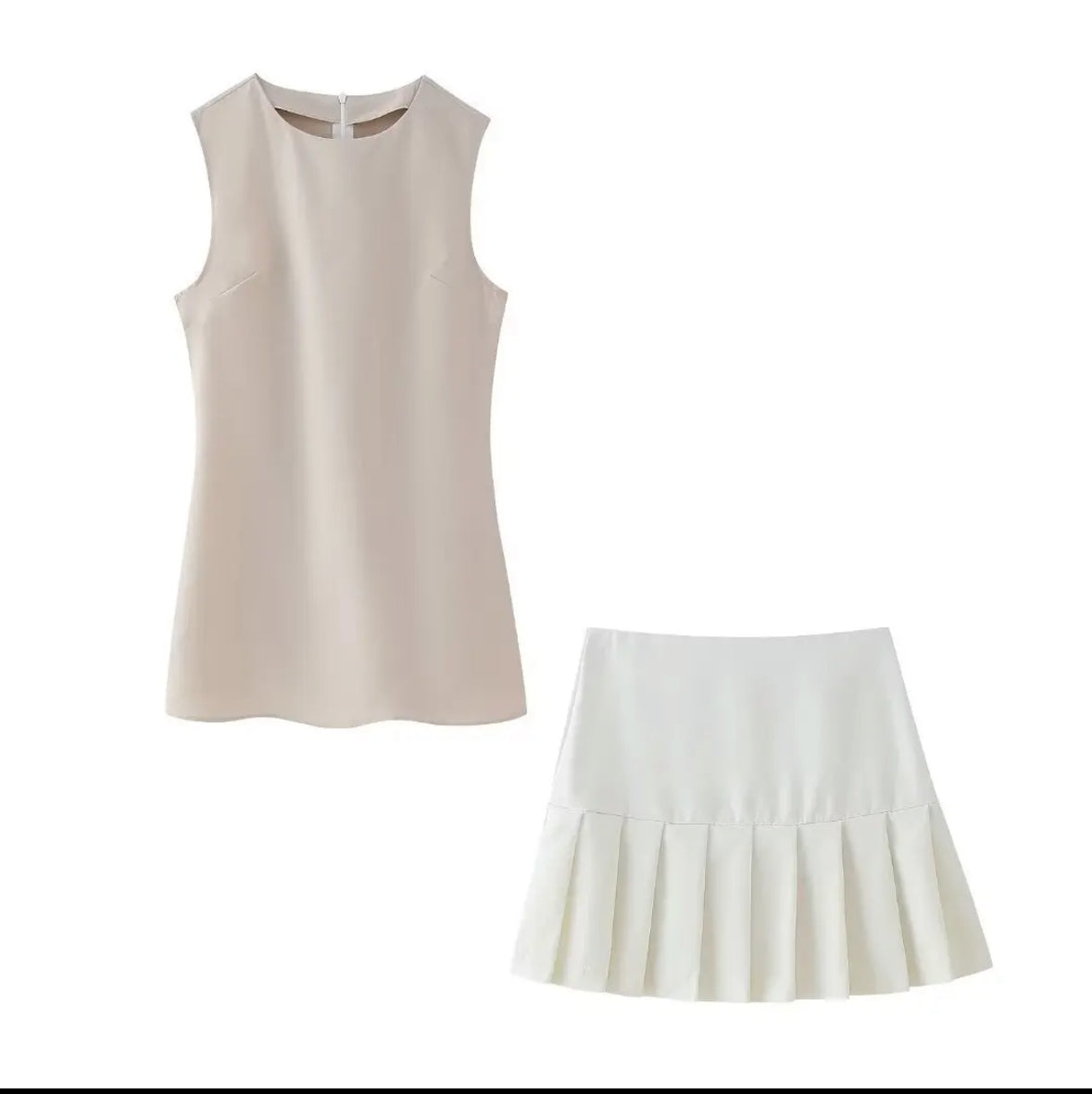 Women's 2024 summer 2-piece set, sleeveless mini dress with round neck, pleated skirt, two-piece set